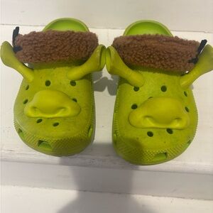 CROCS Kids Lime Green Clogs with Fuzzy Brown Trim